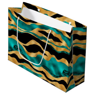 Gold Teal Tiger Stripes Glam Abstract Animal Large Gift Bag