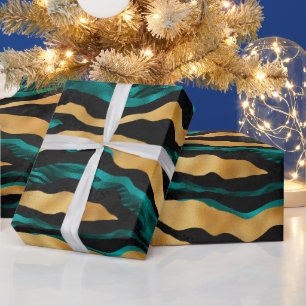 Gold Teal Tiger Stripes Glam Abstract Animal Wrapping Paper
