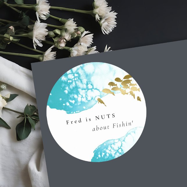 Gold Teal Underwater Fish  Nuts About Fishing Classic Round Sticker (Creator Uploaded)