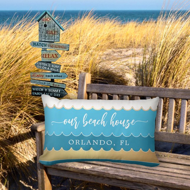 Gold Teal Waves Beach House Pillow (An elegant wave striped pillow in teal, blue, gold and white - nice for a beach house, coastal home)