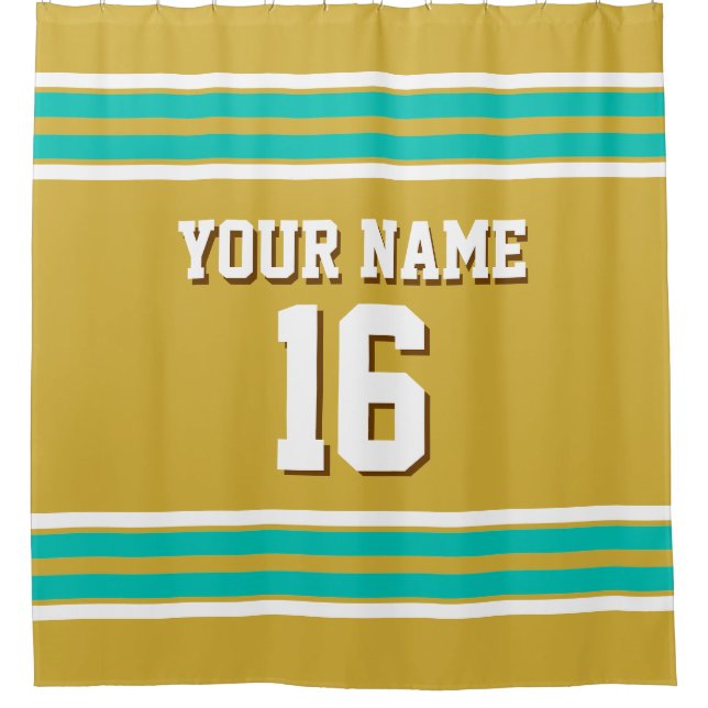 Gold Teal White Stripes Sports Jersey Shower Curtain (Front)