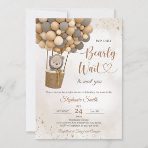 Gold Teddy Bear Balloon Baby Shower Invitation