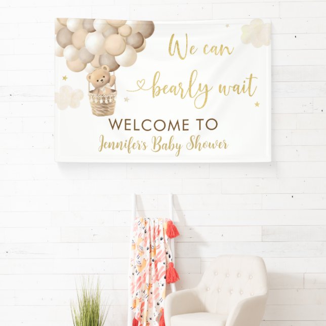 Gold Teddy Bear Hot Air Balloon Baby Shower Banner (Insitu)