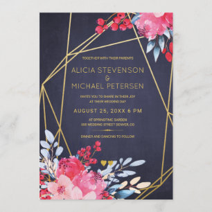 Gold terrarium watercolor floral red navy wedding invitation