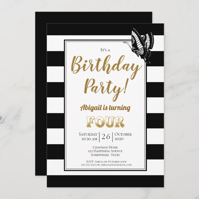 Gold Text Black and White Stripe 4th Birthday Invitation (Front/Back)