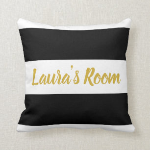 Gold Text Custom Name   Striped Black and White Cushion