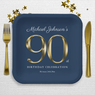 Gold Text Elegant Custom Navy Blue 90th Birthday Paper Plate