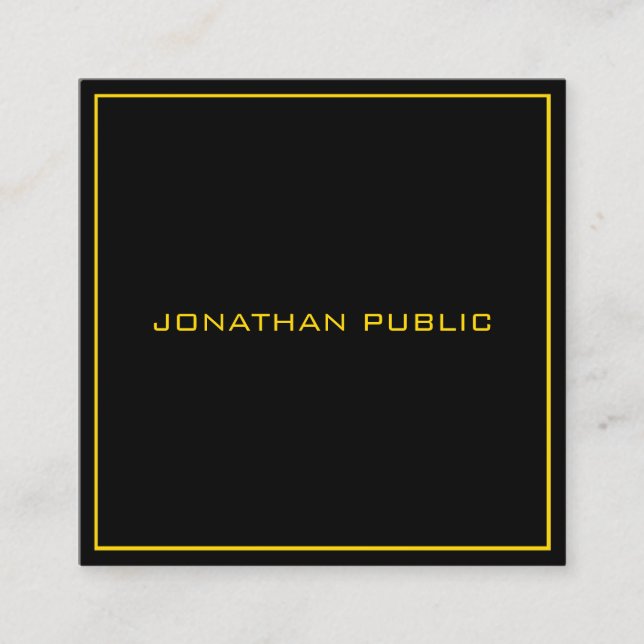 Gold Text Frame Modern Elegant Black Template Square Business Card (Front)