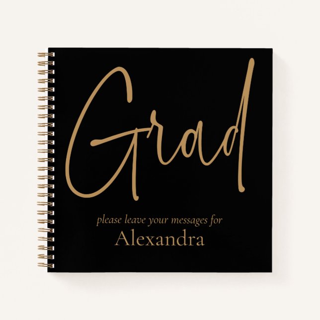 Gold Text Grad Name Graduation Black Guest Book (Front)