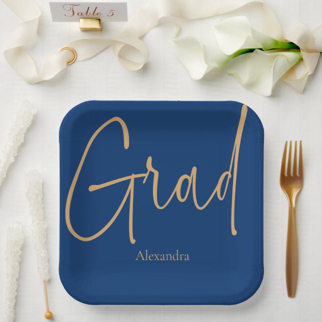 Gold Text Grad Name Graduation Blue  Paper Plate (Wedding)