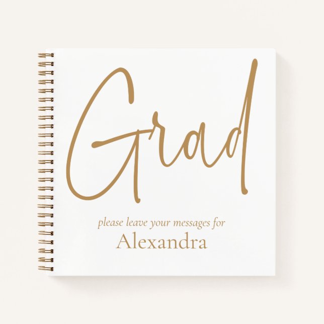 Gold Text Grad Name Graduation White Guest Book (Front)