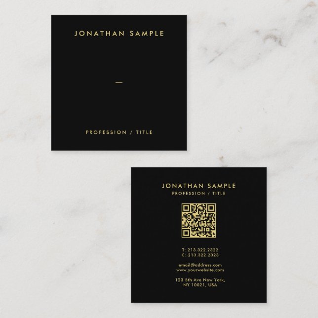 Gold Text Modern QR Code Elegant Black Template Square Business Card (Front/Back)