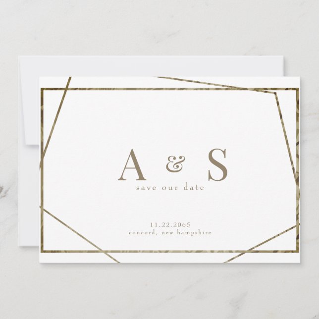 Gold Text Monogram Geometric Wedding Save the Date (Front)