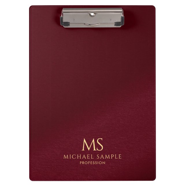 Gold Text Name Monogram Personalized Elegant Red Clipboard (Front)