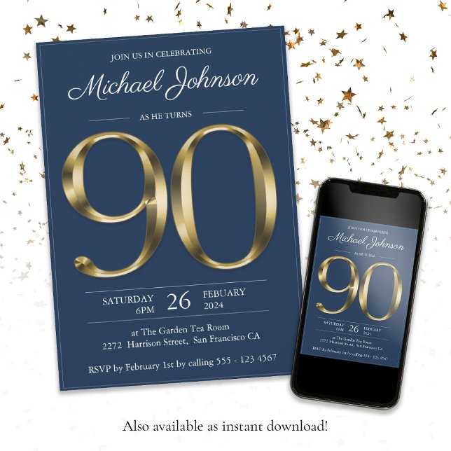 Gold Text Navy Blue Classy 90th Birthday Party Invitation (90th Ninetieth Birthday Gold Text Navy Blue Classy Invitation)