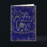 Gold Text Night Belated Birthday Granddaughter Card<br><div class="desc">This modern and visually enchanting belated birthday greeting card is designed especially for a granddaughter, inspired by the beauty of a night sky filled with shimmering gold dust and tiny heart details that resemble glowing stars. The deep, rich background creates a gentle and magical celestial atmosphere, while the gold accents...</div>