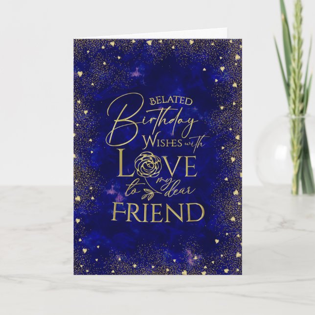 Gold Text Night Sky Belated Birthday Friend Card (Front)