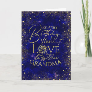 Gold Text Night Sky Belated Birthday Grandma Card