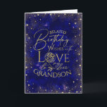 Gold Text Night Sky Belated Birthday Grandson Card<br><div class="desc">This modern and visually striking belated birthday greeting card is designed especially for a grandson, inspired by the beauty of a night sky filled with shimmering gold dust and tiny heart details that resemble glowing stars. The deep, rich background creates a magical and celebratory celestial atmosphere, while the gold accents...</div>
