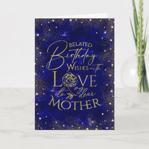 Gold Text Night Sky Belated Birthday Mother Card