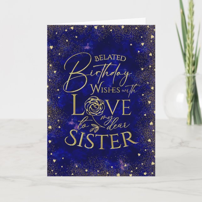 Gold Text Night Sky Belated Birthday Sister Card (Front)