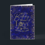 Gold Text Night Sky Belated Birthday Sister-In-Law Card<br><div class="desc">This modern and visually elegant belated birthday greeting card is designed especially for a sister-in-law, inspired by the beauty of a night sky filled with shimmering gold dust and tiny heart details that resemble glowing stars. The deep, rich background creates a calm and celestial atmosphere, while the gold accents add...</div>