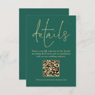 Gold Text QR Code Wedding Emerald Green Details  Enclosure Card
