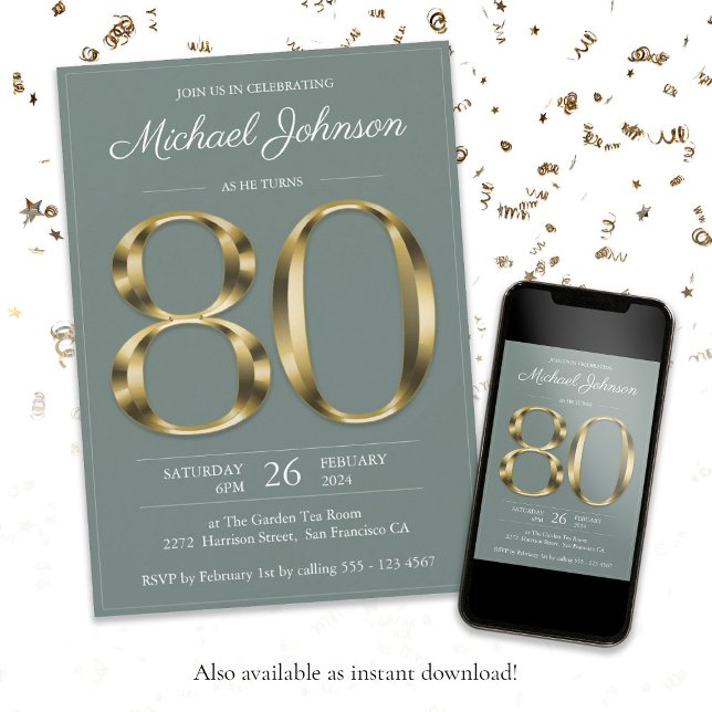 Gold Text Sage Classy 80th Birthday Party Invitation (80th Eightieth Gold Text Sage Classy Birthday Invitation)