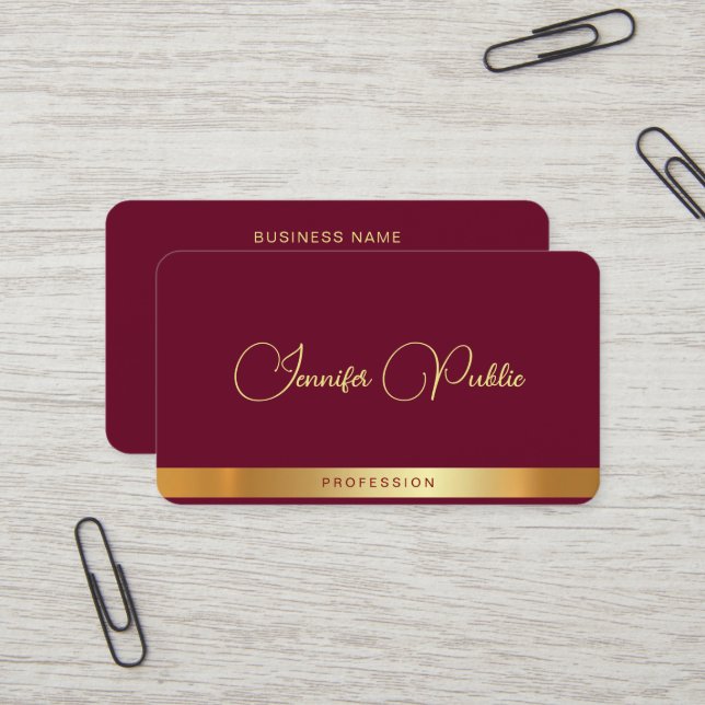 Gold Text Typography Script Name Ruby Red Luxury Business Card (Front/Back In Situ)