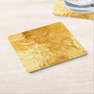 Gold Texture Vintage Monogram Crest Wedding Logo Square Paper Coaster