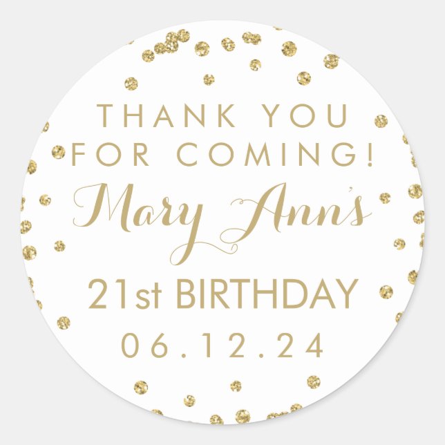 Gold Thank You 21st Birthday Confetti Classic Round Sticker (Front)