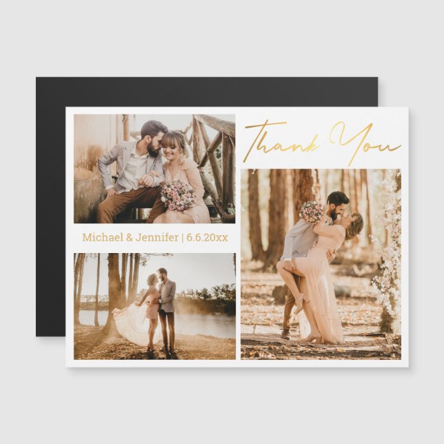 gold thank you 3 photos collage wedding magnet (Front/Back)