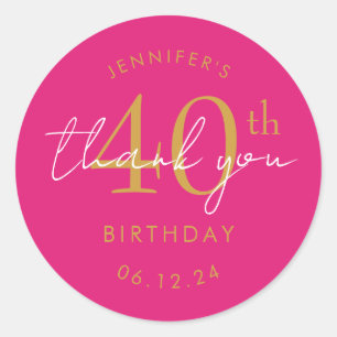 Gold "Thank You" 40th Birthday Party Hot Pink Classic Round Sticker