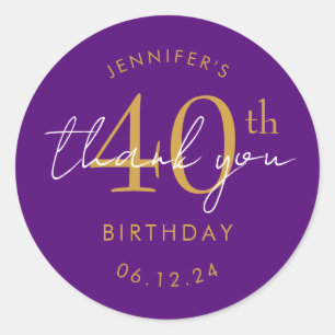 Gold "Thank You" 40th Birthday Party Purple Classic Round Sticker