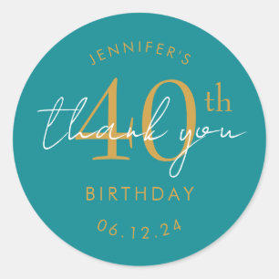 Gold "Thank You" 40th Birthday Party Turquoise Classic Round Sticker