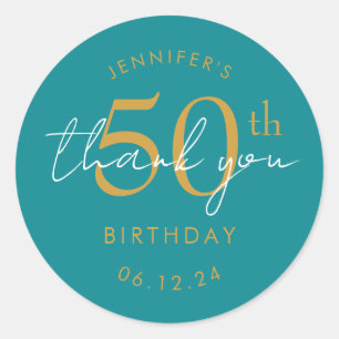 Gold "Thank You" 50th Birthday Party Turquoise Classic Round Sticker