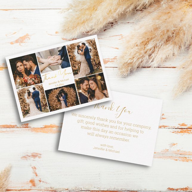 gold thank you 6 photos collage wedding  note card (Creator Uploaded)