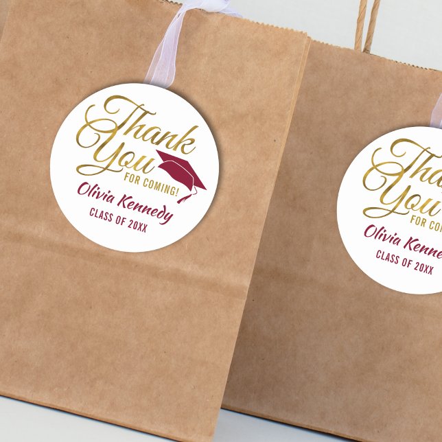 Gold Thank You Burgundy Graduation Party Favour  Classic Round Sticker (Gold Thank You Burgundy Graduation Party Favor Classic Round Sticker
)