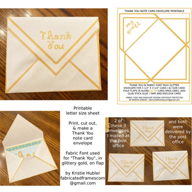 Gold Thank You Card Envelope Paper Sheet (Thank You Card Printable Paper Sheet for A2 note card / postcard, with glittery gold Fabric Font)