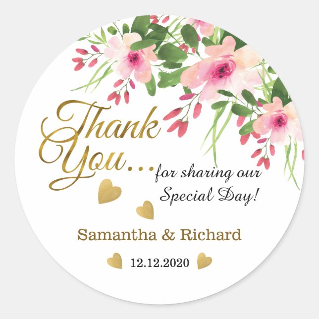 Gold Thank You Floral Wedding Favour Classic Round Sticker (Front)