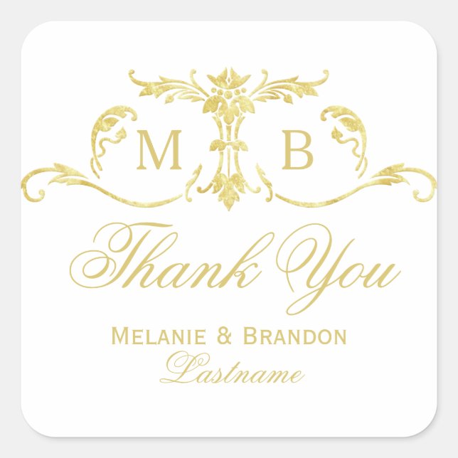 Gold Thank You Stickers gold monogram wedding (Front)