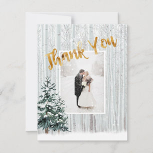 Gold Thank You, Winter Wedding Snow Pine Trees Invitation