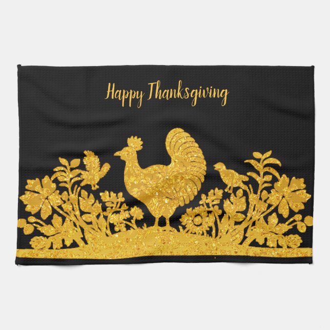 Gold Thanksgiving Turkey Floral Kitchen Towel (Horizontal)