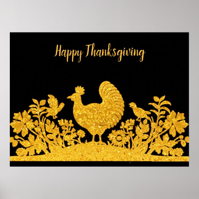 Gold Thanksgiving Turkey Floral Poster (Front)