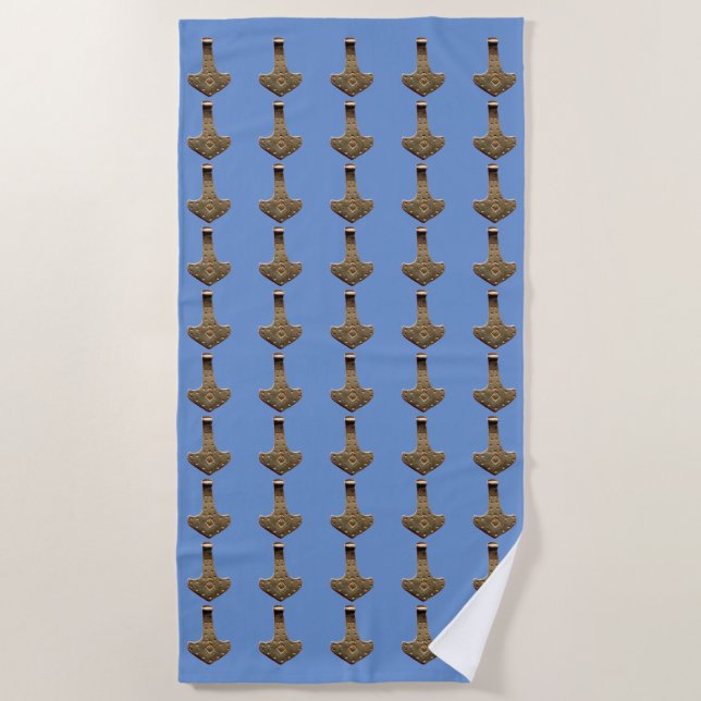 Gold Thor Hammer blue beach towel (Front)