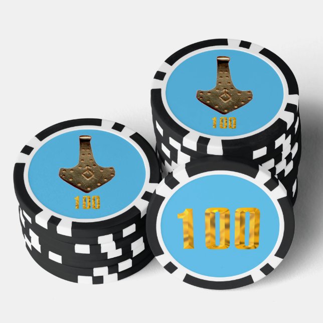 Gold Thor Hammer blue black 100 striped poker chip (Stack)