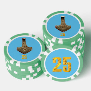 Gold Thor Hammer blue green 25 striped poker chip