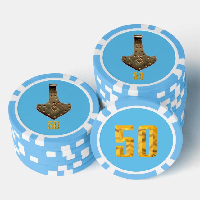 Gold Thor Hammer blue lblue 50 striped poker chip (Stack)