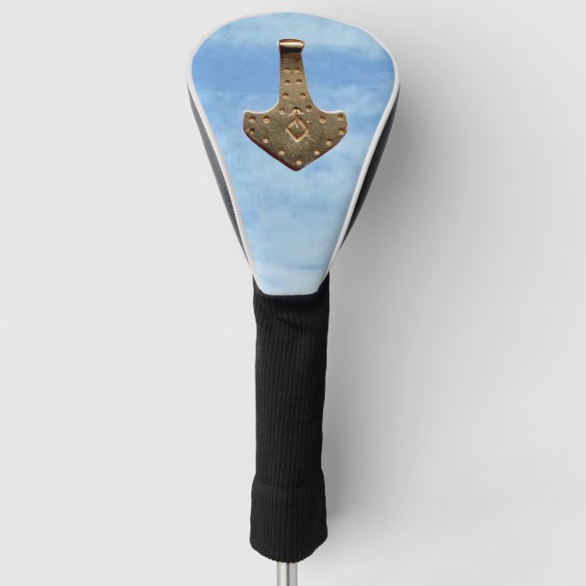 Gold Thor Hammer clouds golf club driver cover (Front)