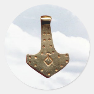 Gold Thor Hammer clouds large round stickers